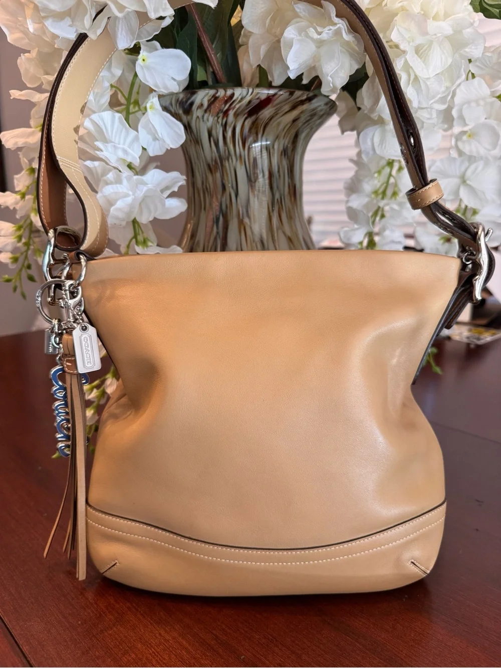 Coach Beige Leather Shoulder Bag with Coach Charm - Picture 1 of 10